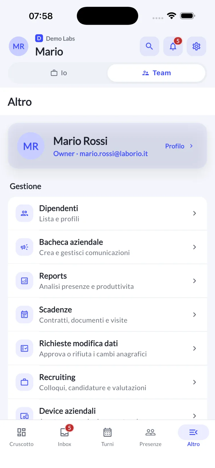 App mobile — modalità manager con tutte le sezioni di gestione