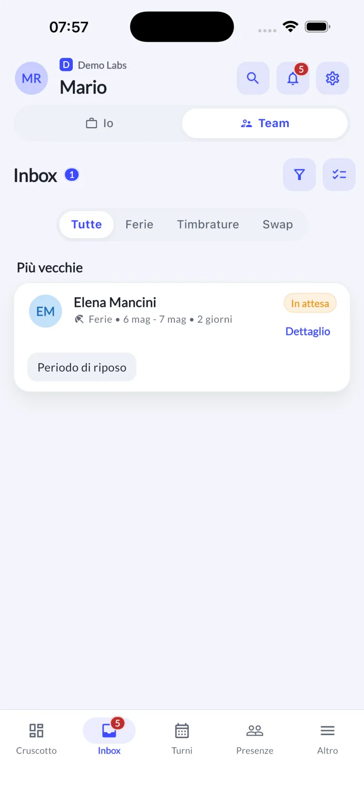 Richieste ferie e permessi — approvazione dall’app