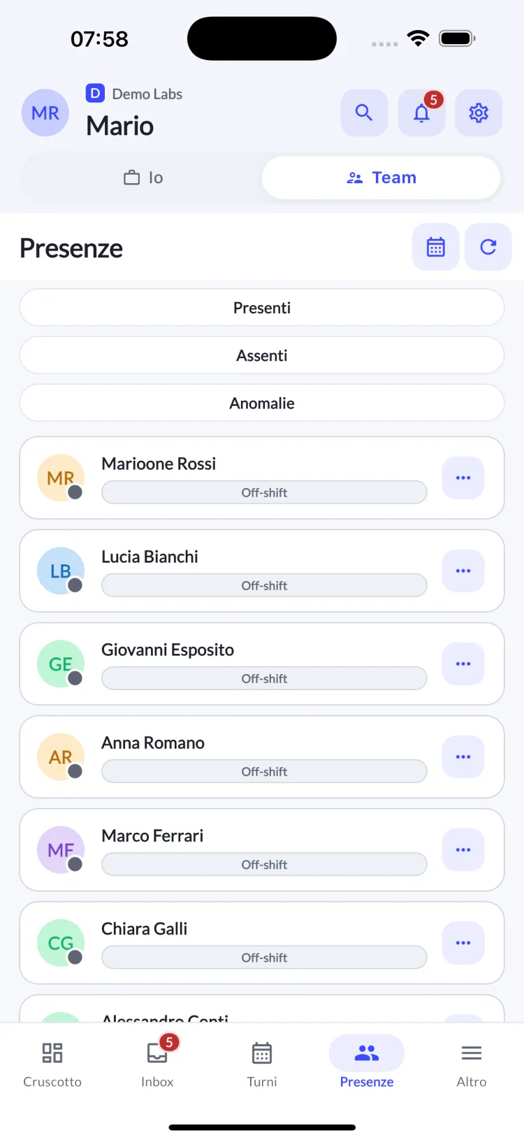 Laborio mobile — presenze del team in tempo reale, modalità manager