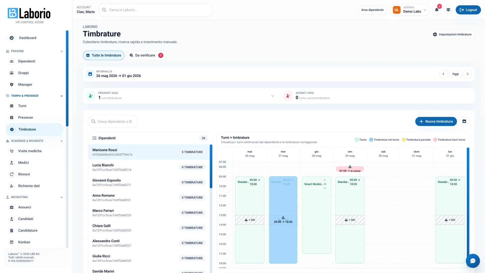 Timbrature — calendario, ricerca e inserimento manuale