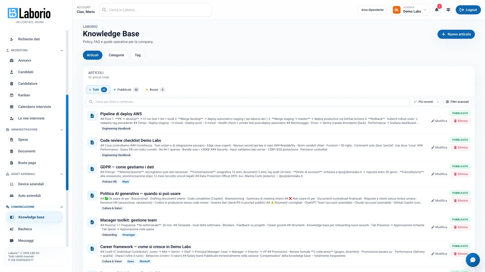 Knowledge base — articoli, categorie e tag