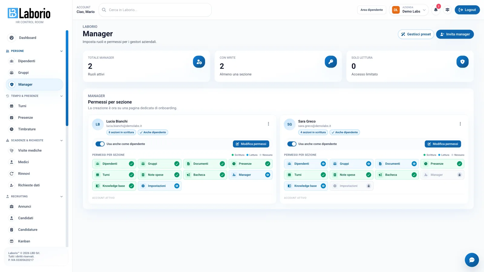 Permessi manager — 11 sezioni × read/write