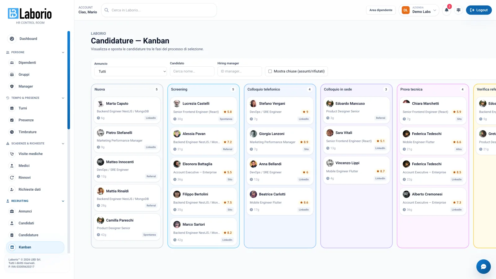 Recruiting & ATS — vista kanban candidature di Laborio